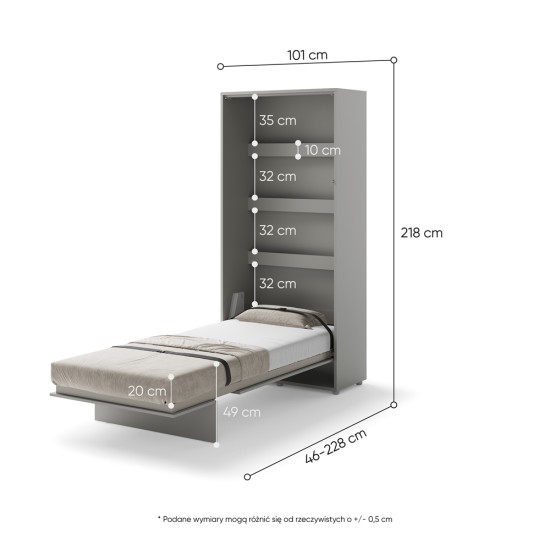 Падащо легло Мърфи BED CONCEPT BC-03 вертикално 90/200 сиво