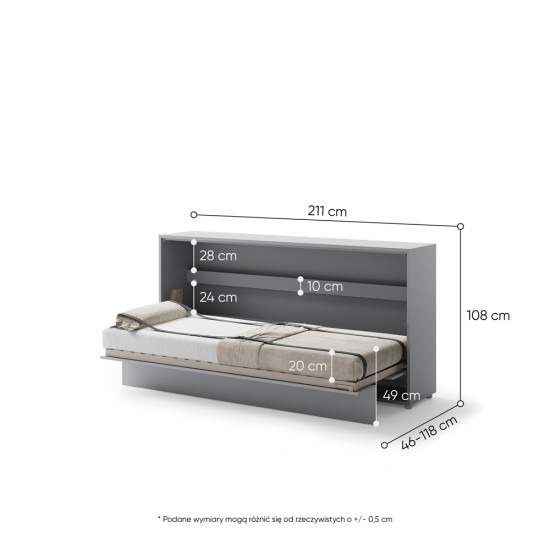 Падащо легло Мърфи BED CONCEPT BC-06 хоризонтално 90/200 сиво